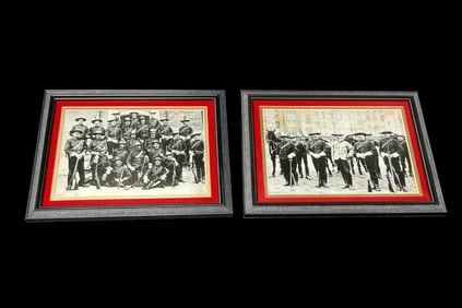 Pair of Framed 1897 Photographs – North West Mounted Police, Queen Victoria Diamond Jubilee: Pair of historic photographs depicting members of the North West Mounted Police during the 1897 Queen Victoria Diamond Jubilee celebrations in London, England. One image shows a formal group