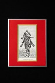 Framed Canadian Mounted Police Illustration, After Frederick Remington, c. 1890: Framed historic illustration depicting a Canadian Mounted Police officer on horseback, shown in full uniform and identified beneath the image as “Canadian Mounted Police.” The image is based