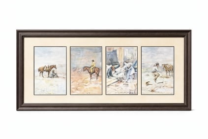 Framed Western Prints After Charles M. Russell (4), 15” H x 31”W: Framed grouping of four Western scene prints after Charles M. Russell, depicting frontier and cowboy subjects titled “Just a Little Sunshine,” “Just a Little Rain,” “Just a Little