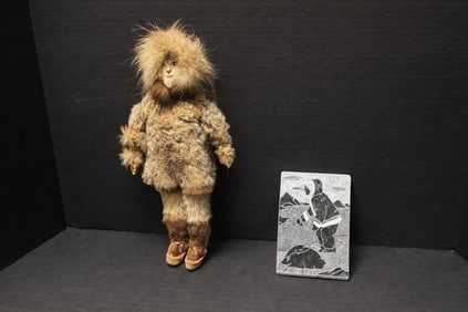 Alaskan / Inuit Fur Doll & Soapstone Plaque Group: Vintage hand-crafted Inuit-style fur doll, approx. 17” H x 8” W, with fur parka, beaded details, carved face, and hide boots; together with a carved soapstone plaque, signed lower corner, 