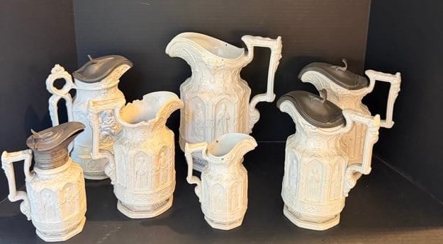 Charles Meigh Apostle Jugs: Seven Charles Meigh relief-molded Apostle jugs, circa 1840s, ranging approx. 5.5–10" H x 4.5–9" W.