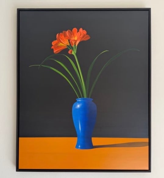 AZANK Contemporary Floral Painting: Signed AZANK contemporary floral painting on canvas, dated 2003, 45.25" H x 37.25" W.