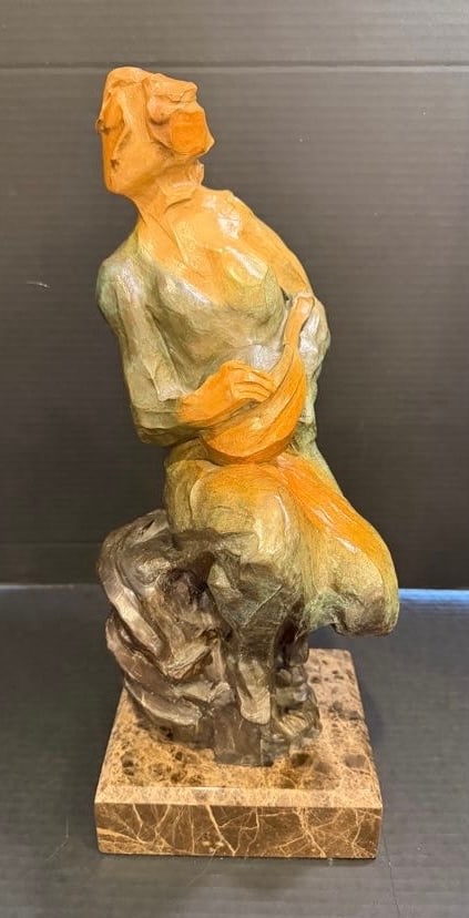 Hessam Abrishami “Attached” Bronze Sculpture: Hessam Abrishami “Attached” limited-edition bronze musician sculpture, 29/95, on marble base, 18" H x 7" W.