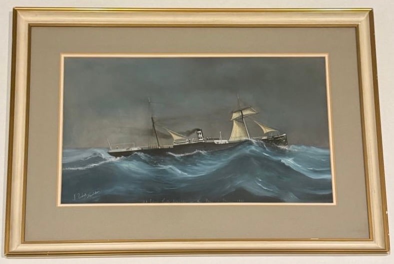 Luigi Roberto (1845–1910) S.S. Liguria in the Bay of Biscay, 1887 – Signed Marine Gouach: Signed Luigi Roberto “Napoli 1887” marine gouache depicting S.S. Liguria in rough seas, 33” W x 23.5” H framed. 33" W x 23.5" H framed.