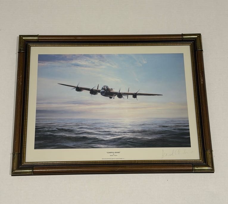 Robert Taylor “Limping Home”: Signed Robert Taylor WWII aviation print “Limping Home,” 23.25" W x 17.5" H framed.