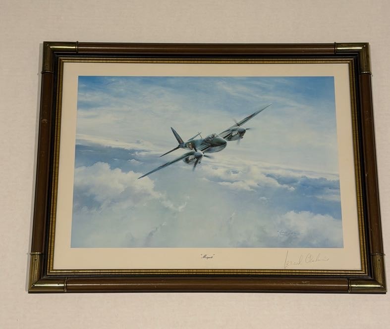 Robert Taylor “Mosquito”: Signed Robert Taylor WWII aviation print “Mosquito,” with additional signature, 23.25" W x 17.5" H framed.