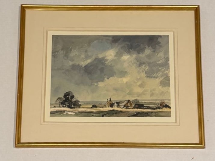 Rowland Hilder Landscape: Signed Rowland Hilder framed landscape with farm and trees, 23" W x 19" H framed.