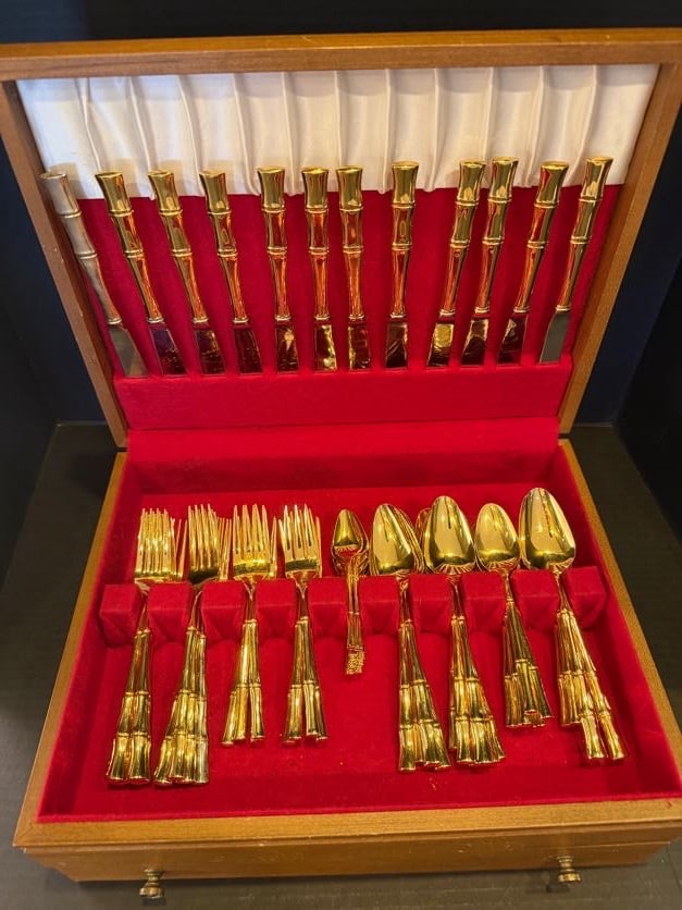 Oxford Hall Bamboo Flatware: Oxford Hall 79-piece gold electroplated bamboo-handle flatware service with fitted wood chest.