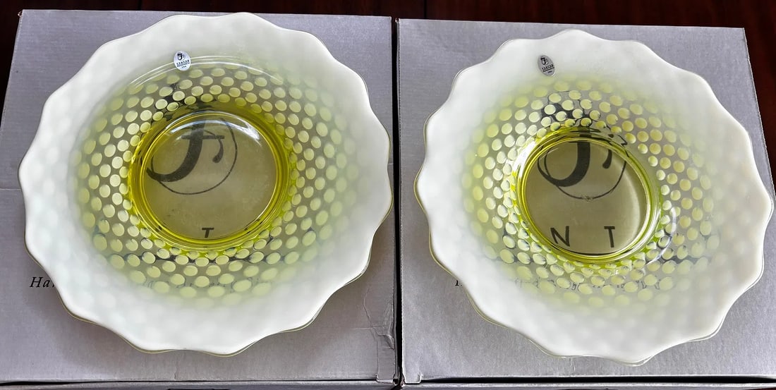Set of 7 Fenton Topaz Opalescent Hobnail Glass Plates: Set of seven Fenton handcrafted art glass plates in Topaz Opalescent glass, featuring raised hobnail decoration and softly ruffled opalescent rims. Each measures approximately 10.5 inches in