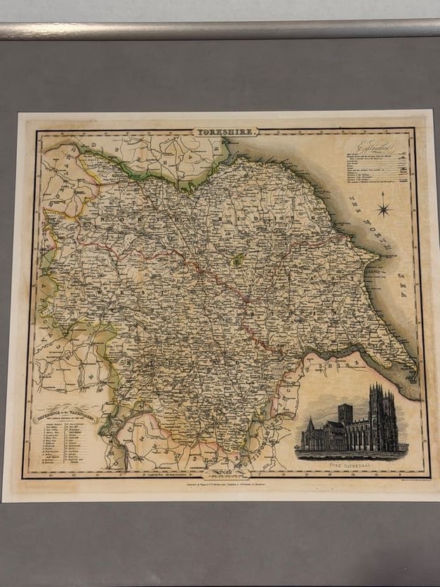 Antique Bookplate Map of Yorkshire: Framed antique bookplate reproduction map of Yorkshire removed from an antique English book, 23.5" W x 20.75" H.