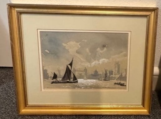 Fleming Sailboat Painting: Signed Fleming sailboat painting, artist's full name unconfirmed, 15" W x 12.25" H framed.