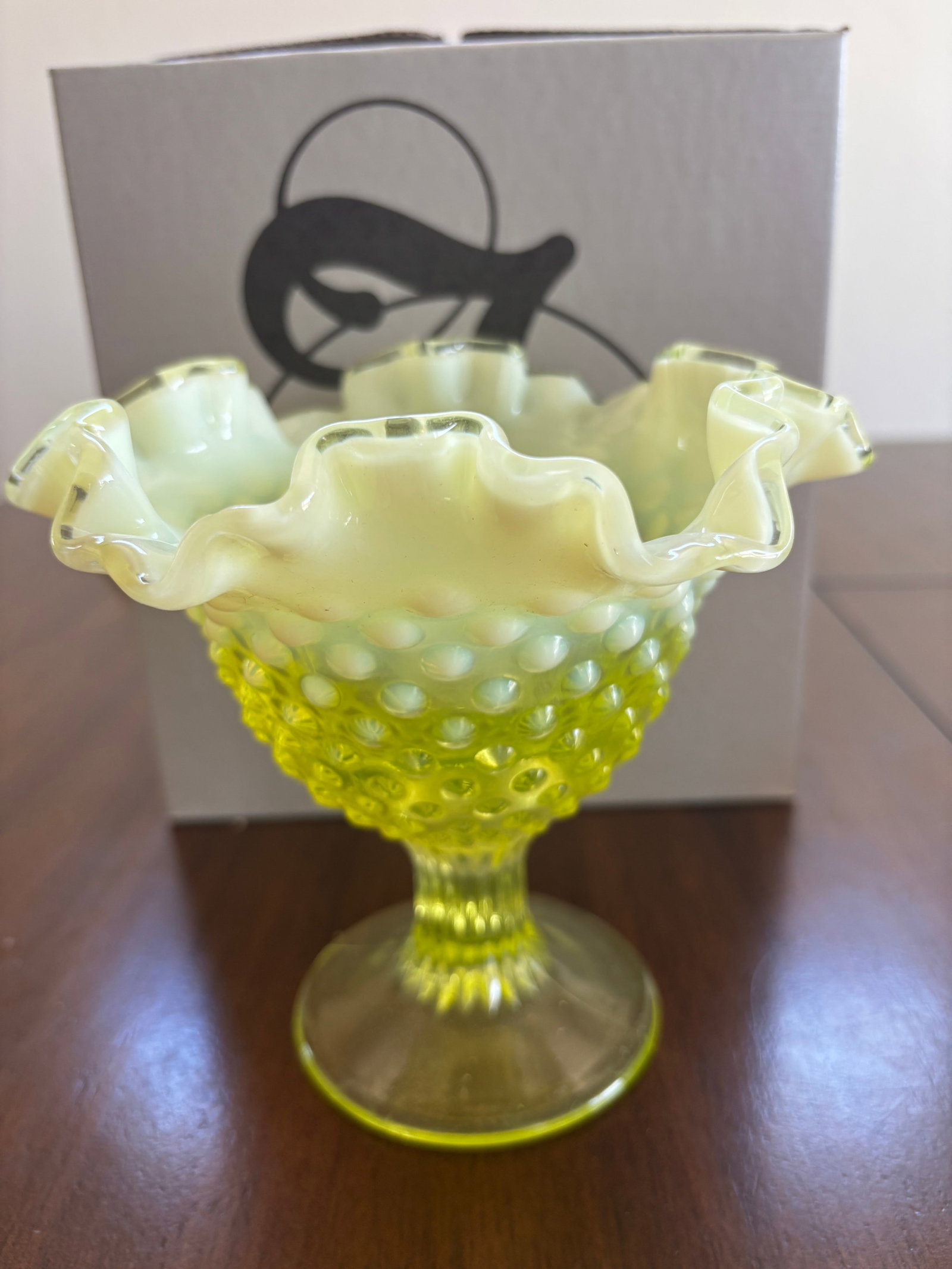 Fenton Vaseline Glass Hobnail Candle Bowl With Original Box (1 of 5)