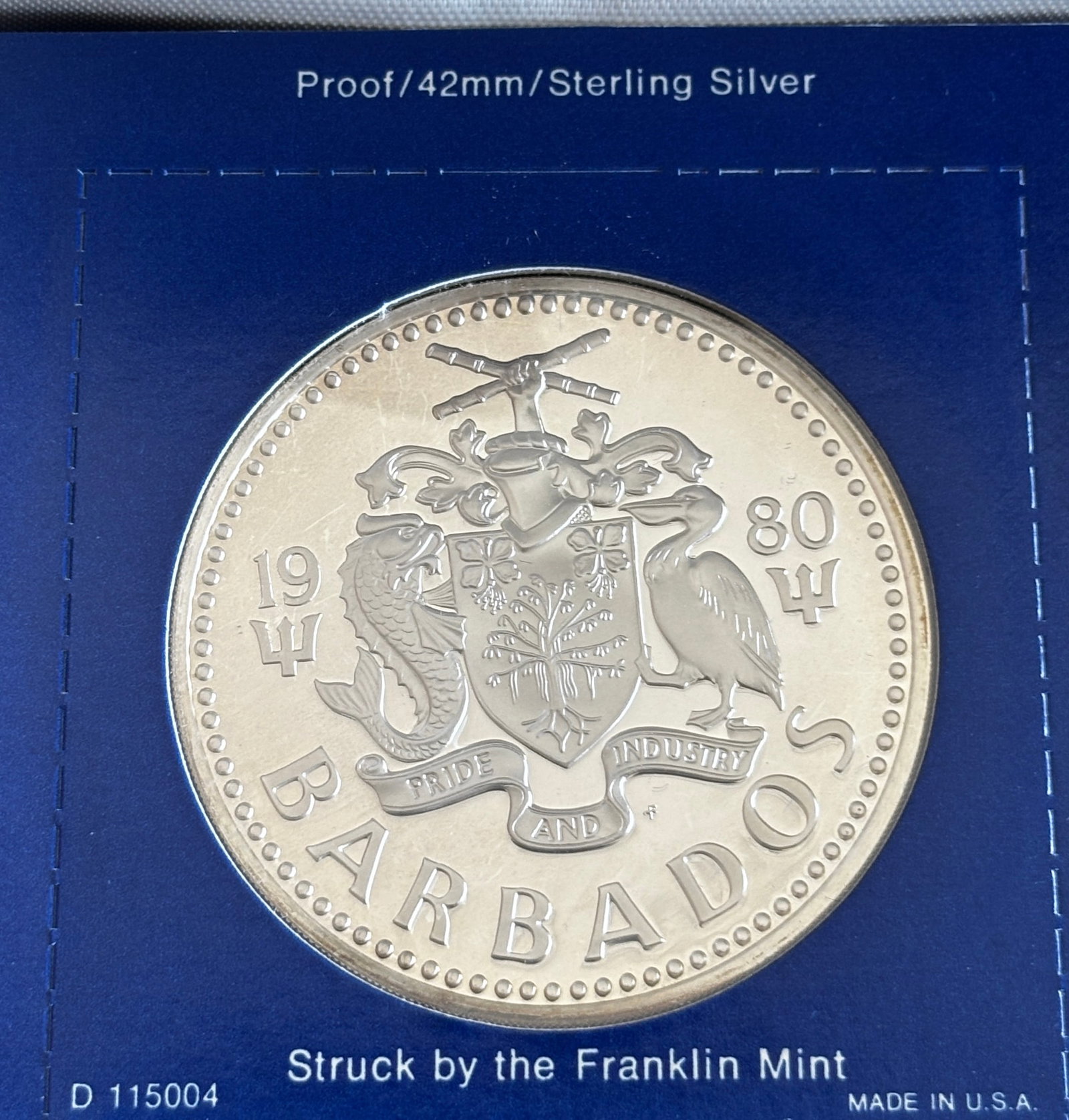 1980 Barbados $10 Franklin Mint Sterling Silver Proof Coin: 1980 Barbados Ten Dollar legal tender proof coin struck by The Franklin Mint under authorization of the Government of Barbados. The reverse features Neptune, God of the Sea, seated with trident and fi