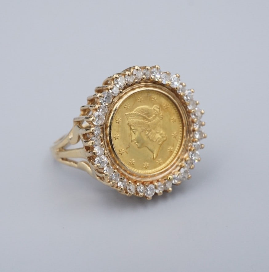 Authentic 1853 Liberty Head $1 Gold Coin Diamond Halo Cocktail Ring 6.75 RG4884 (1 of 5)