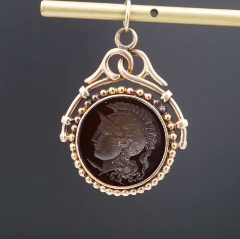 Antique 14k Intaglio Pendant Yellow Gold Carnelian Victorian 1.2" Fob PG1966: This unique pendant from the Victorian era features a hand carved carnelian intaglio of a Roman soldier set in a solid 14k yellow gold mount framed by bead accents. A lovely antique piece that is sure