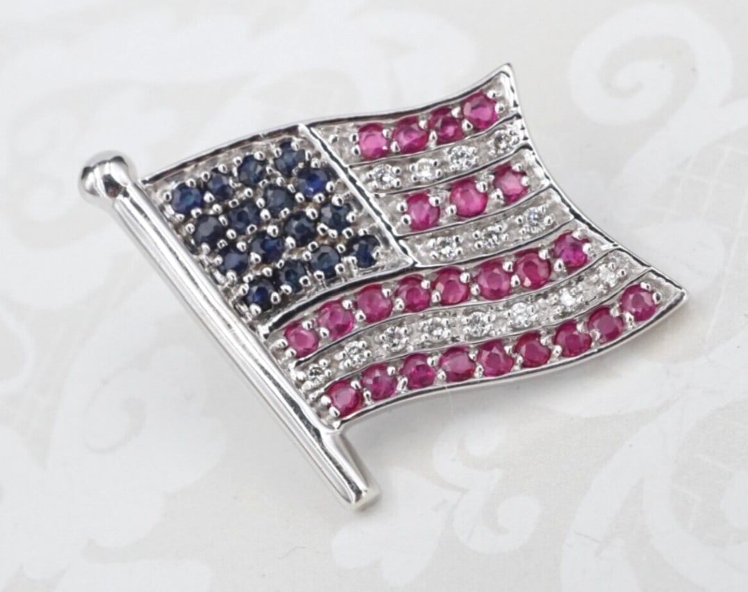 American Flag Brooch 14k Pave Diamond Ruby Sapphire Pin White Gold OG501 (1 of 5)