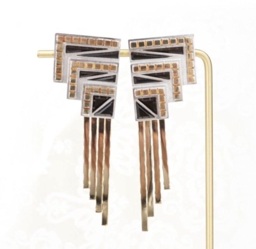 ERTE Earrings Sterling Silver Onyx Dangle Drop 14k Gold 2.8" CFA Art Deco ES2634: These beautiful earrings from designer Erte feature an overlapping geometric design with a sandblast finish embellished with faceted onyx gemstones and rows of luxe 14k yellow gold square accents. Dan