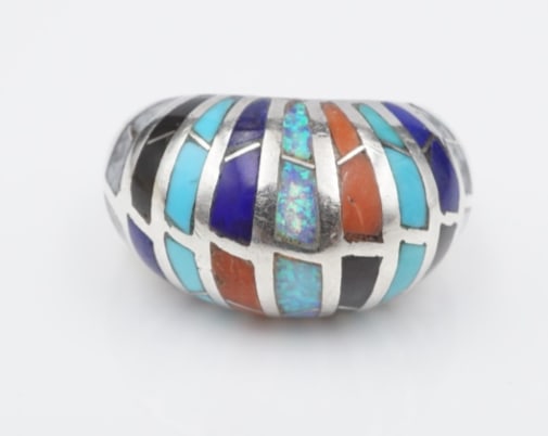 Southwestern Sterling Silver Mosaic Inlay Ring Size 7.25 Opal Turquoise RS3767 (1 of 3)
