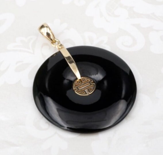 Gumps 14k Yellow Gold Black Jade Bi Disc Shou Luck Pendant 30mm Natural PG1942 (1 of 5)