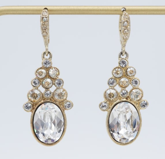 Givenchy Crystal Cluster Earrings Gold Plated Drop 1.75" France EG2704: These vintage Givenchy earrings feature a bubbly cluster of crystals above a large oval crystal, all bezel set in a gold tone mount. These beautiful statement earrings would make a great addition for