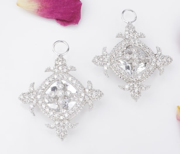 Jude Frances 18k White Gold Topaz Diamond Ear Charms 1" Designer Fleur EG2619: From the designer Jude Frances, these striking ear charms feature large cushion cut white topaz gemstones framed in 18k white gold. Set with over 100 natural diamonds and decorated with fleur de lis t