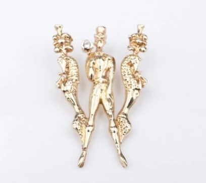 Erte Alphabet Series Letter "W" 14k Yellow Gold CFA Pendant 1.2" PG1868: Description: This beautiful pendant from Erte's Alphabet Series features a figure in ringmaster attire adorned with staff bordered by two, upright horses wearing extravagant headpieces all forming the