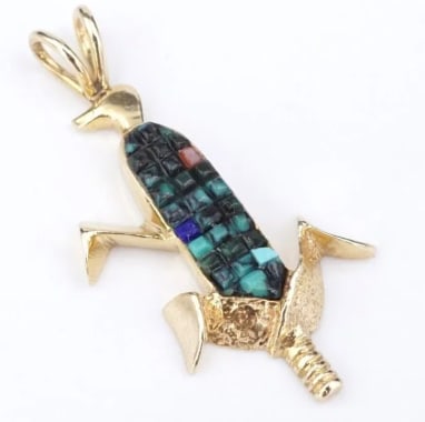 14k Zuni Corn Pendant Turquoise Coral Lapis Yellow Gold Ervin Hoskie PG1901 (1 of 3)