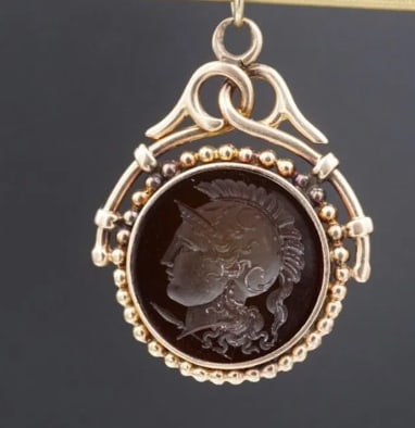 Antique 14k Intaglio Pendant Yellow Gold Carnelian Victorian 1.2" Fob PG1966: This unique pendant from the Victorian era features a hand carved carnelian intaglio of a Roman soldier set in a solid 14k yellow gold mount framed by bead accents. A lovely antique piece that is sure