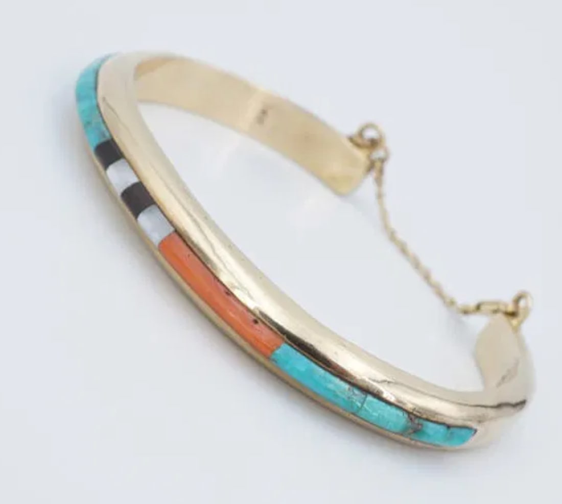 Navajo Jimmy King Jr 14k Yellow Gold Coral Turquoise Cuff Bracelet 6.25" BG1071 (1 of 3)