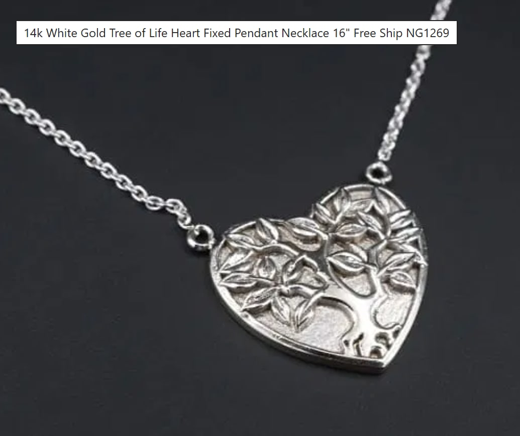 14k White Gold Tree of Life Heart Fixed Pendant Necklace 16" NG1269 (1 of 2)