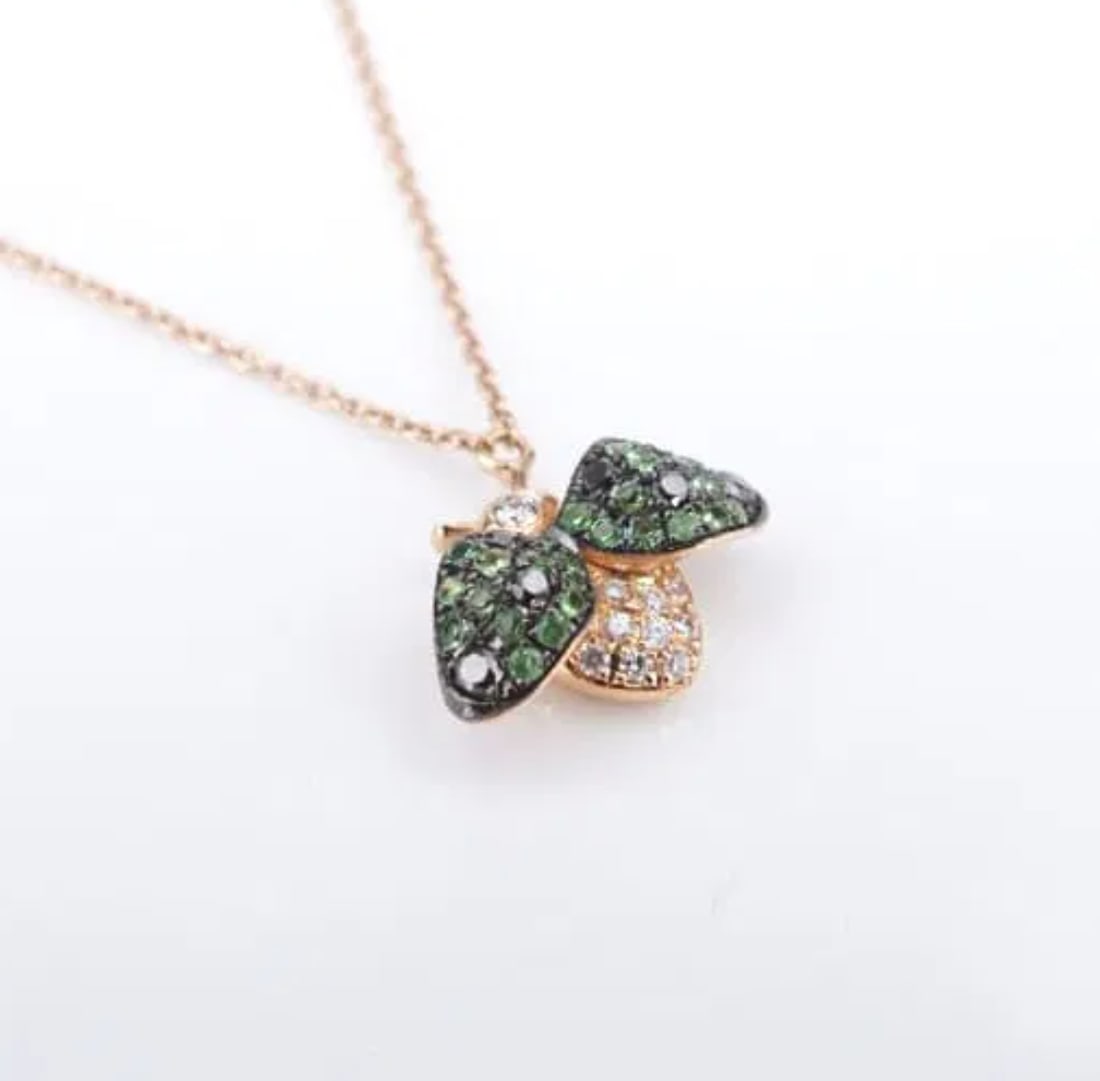 18k Bee Pendant Necklace Rose Gold Black & White Diamond Tsavorite 15-16" NG1558 (1 of 3)