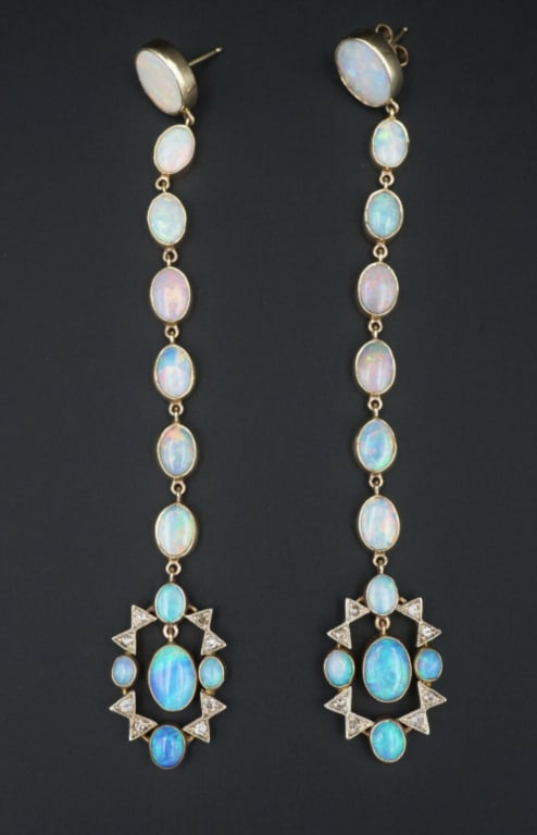 Antique Victorian 14k Gold Diamond Opal Earrings 10 ctw Dusters 4" EG1644 (1 of 3)