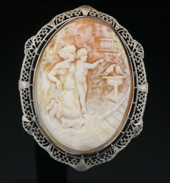 Unique 14k White Gold Carved Shell Mother Child Cameo Pendant Brooch 2" OG345 (1 of 3)