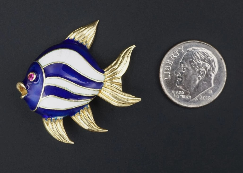 Kurt Gutmann 18k Fish Pin Brooch Blue Enamel Yellow Gold Ruby 1.25" KG OG274 (1 of 3)