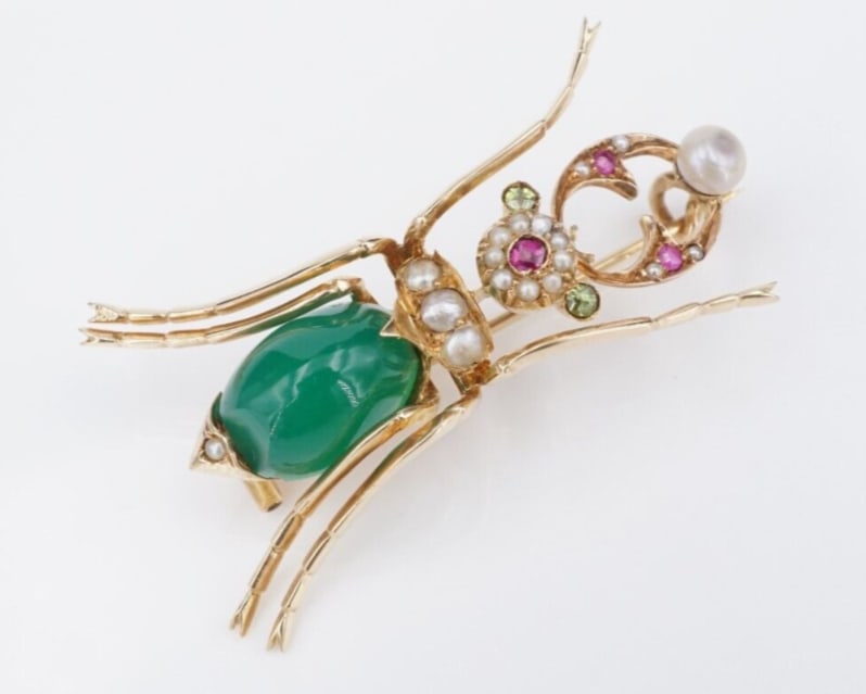 Antique Scarab Beetle Brooch 14k Gold Imperial Russia Ruby Bug Pin 2" OG489: This beautiful 3D scarab brooch is an intricate antique piece from Imperial Russia, an homage to the iconic Faberge, from the pre-revolutionary period of the early 1900's. Crafted of 14k yellow gold,