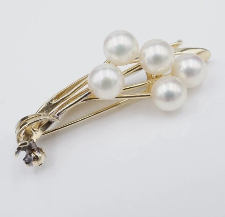 Vintage Mikimoto Pearl Brooch 14k Yellow Gold Spray Pin 1.6" OG495 (1 of 3)