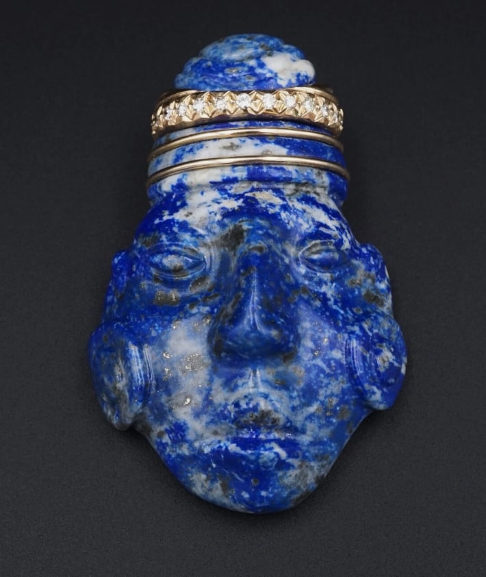 Carved Lapis Tribal Head 18k Gold Natural Diamond 2.4" Pendant BOHO PG1855 (1 of 3)