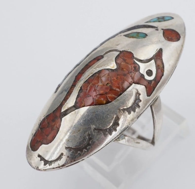 Sterling Silver Inlay Ring Coral Turquoise Cardinal Native American Sz 7 RS3812 (1 of 3)