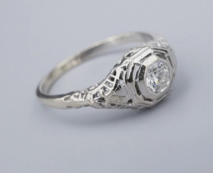 14k White Gold Art Deco Natural Diamond Promise Ring Filigree Size 6.5 RG4825 - 2