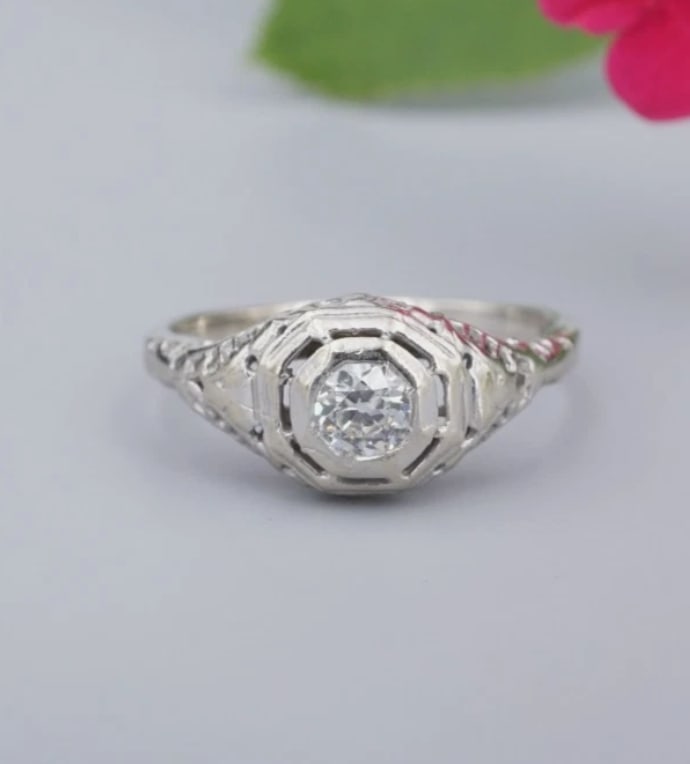 14k White Gold Art Deco Natural Diamond Promise Ring Filigree Size 6.5 RG4825 - 3