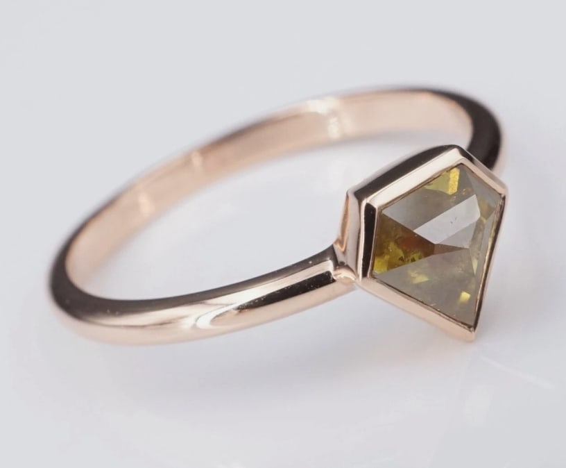NEW 14k Rose Gold 3/4ct Natural Chocolate Kite Cut Diamond Ring Size 6.5 RG3502: This unique modern ring features a bold brownish chocolate kite- or shield-cut diamond, bezel-set in solid 14k rose gold with a bright polish finish. An alluring color contrast, on-trend, dainty moder