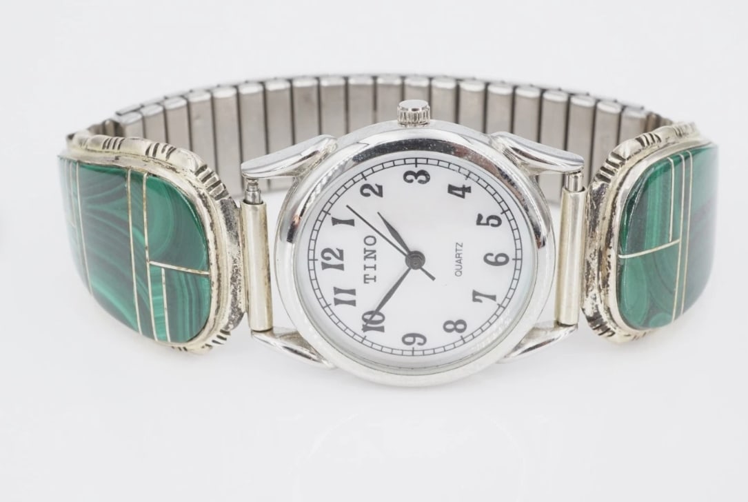 Navajo Malachite Watch Tips Stretch Band Sterling Silver 7" First American W1031 (1 of 2)