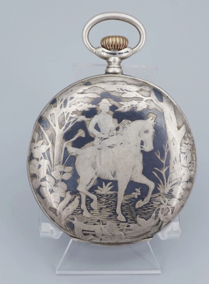 Rare 1919 Longines Niello Pocket Watch Silver Rose Gold Horse Equestrian W1262 (1 of 4)