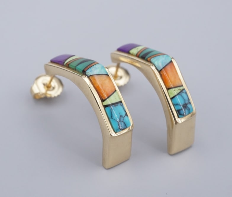 Estate 14k Navajo Inlay Huggie Earrings Turquoise Opal Yellow Gold 1" EG2683 (1 of 3)