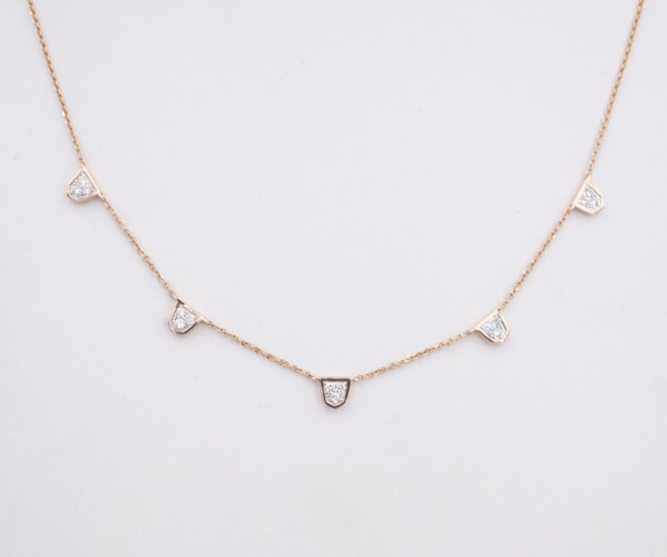 Kendra Scott 14k Shannon Rose Gold Diamond Collar Necklace Station 18" NG1701: This fabulous necklace from designer Kendra Scott features a 14k rose gold construction with diamond station detailing adorned with sparkling white diamonds. Described by Kendra as, "The Shannon 14k R