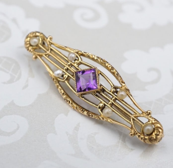 Vintage 14k Gold Bar Pin Brooch Yellow Gold Amethyst Seed Pearl 1/2" OG464 (1 of 3)