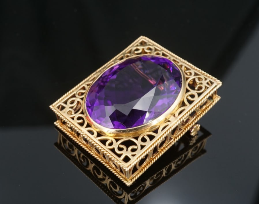 Vintage 18k Amethyst Pendant Pin Brooch Filigree Yellow Gold 1.3" Natural OG571 (1 of 3)