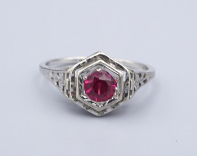 10k Vintage Ruby Filigree Cocktail Ring White Gold Size 6.5 RG4804 - 2