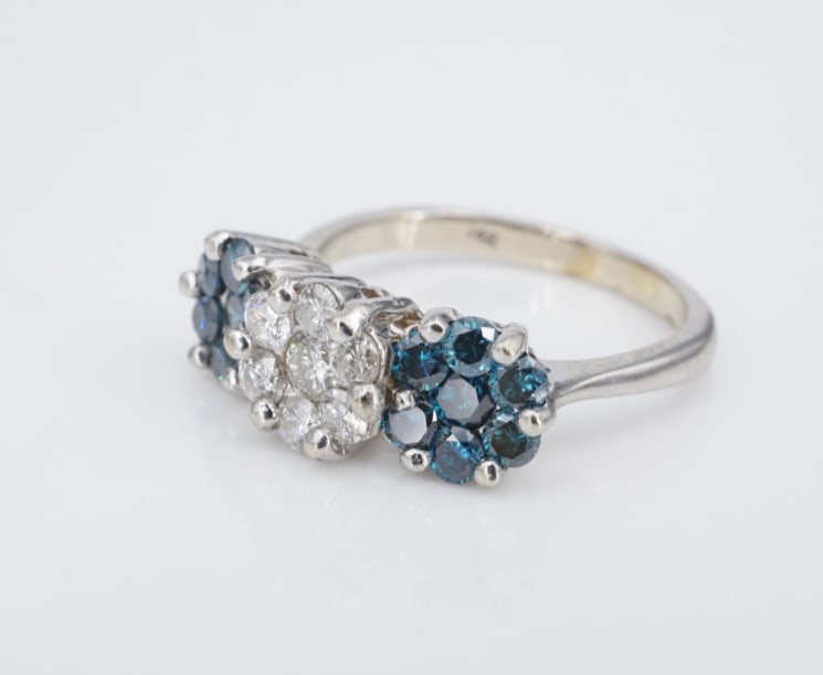 14k White Gold Blue Diamond Cluster Ring 1 ctw 3-Stone Estate RG4926 (1 of 3)