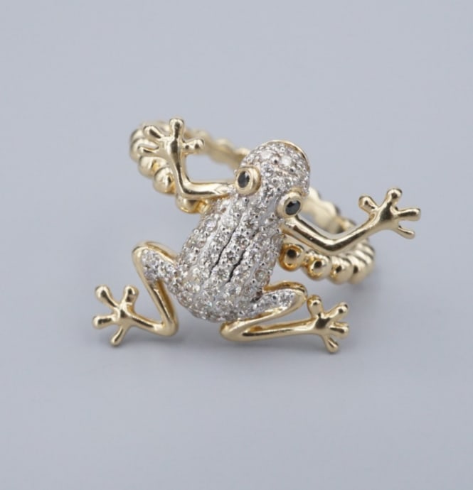 14k Vintage Pave Diamond Frog Ring Yellow Gold 3D Sz 7 Statement Black RG4887 (1 of 3)